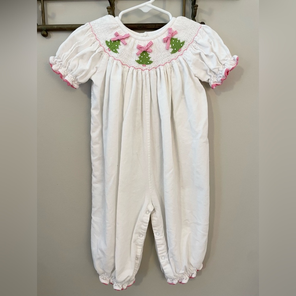 Smocked Auctions White Smocked Christmas Trees Corduroy Long Romper